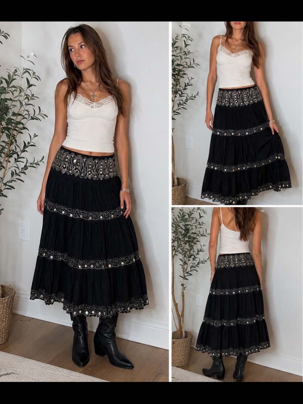 Black Tiered Embroidered Maxi Skirt - Boho Chic